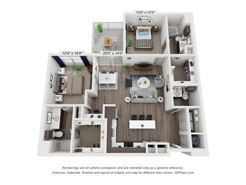 Floor plan for 2 beds, 2 baths, 1305 sqft
